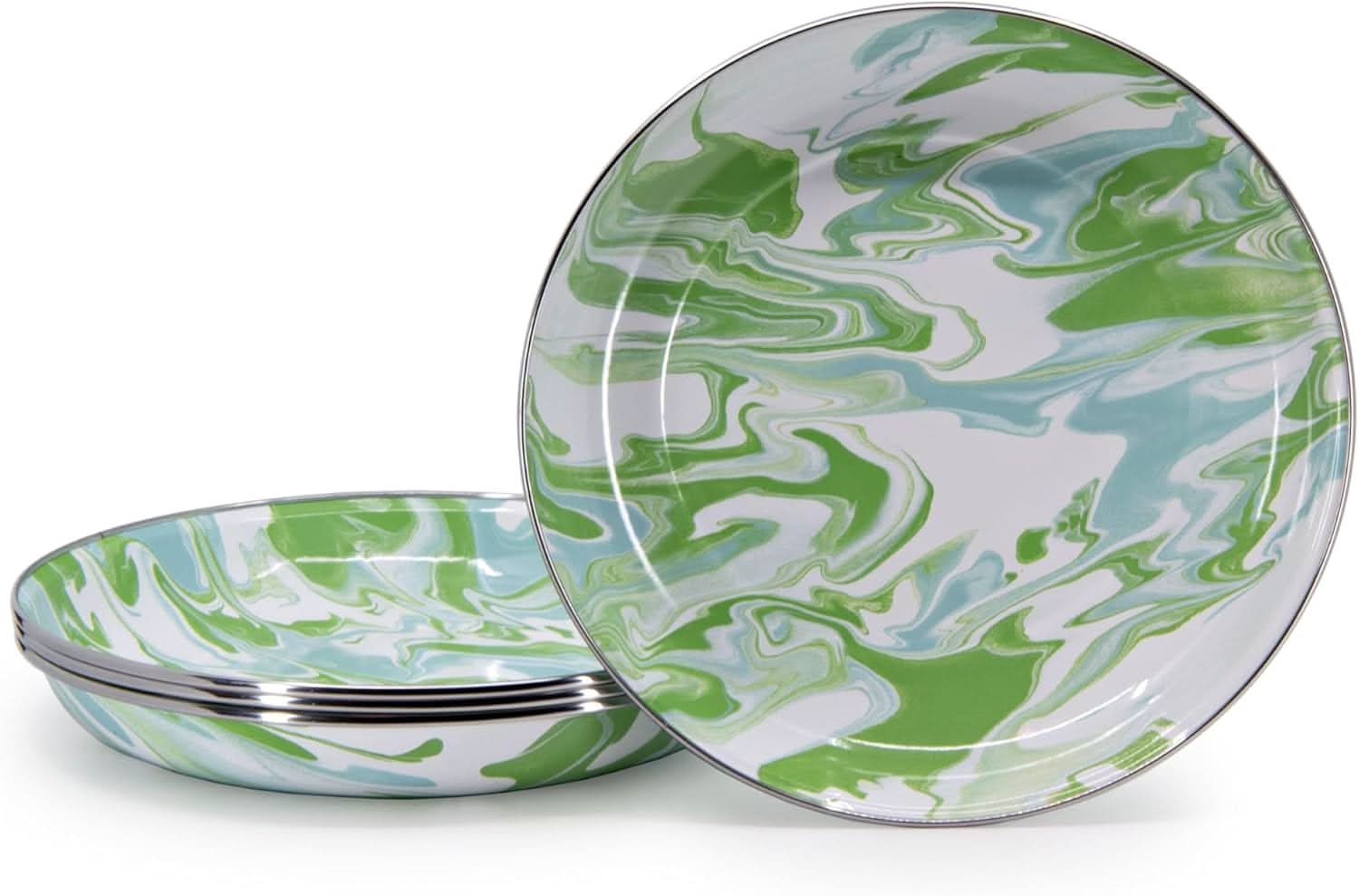 Set of four Modern Monet enamelware pasta plates with artistic colorful patterns
