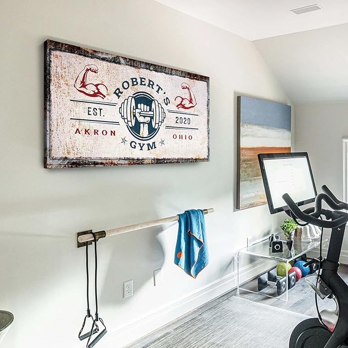 Tailored Canvases Personalized Gym Sign Wall Art Decor - Motivational Canvas for Home Gym, Workout Room, Garage, Fitness Center - Workout Inspirational Posters - One Hand with Dumbbell on Rustic, 36x12in