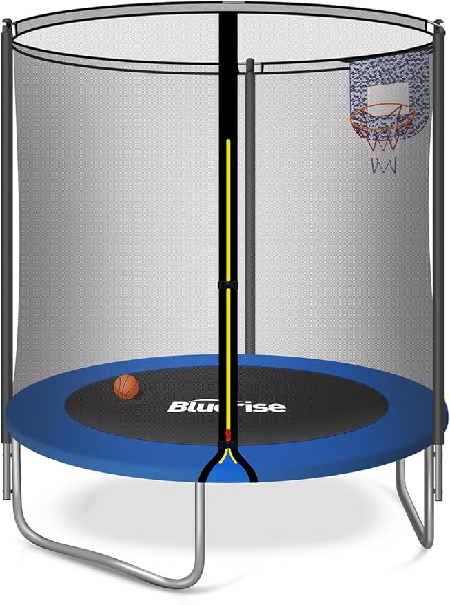 A 6FT indoor/outdoor toddler trampoline with a black safety net, blue padding, and an attached basketball hoop.