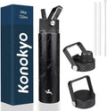 Insulated Water Bottle 24oz Stainless Steel Sport Bottles with 3 Lids,Marble Midnight