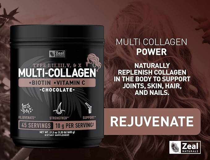 Premium Multi Collagen Peptides Protein Powder (1, 2, 3, 5 & 10) with Vitamin C, Biotin, Hyaluronic Acid, for Hair Skin and Nails - Marine, Bovine, Chicken & Eggshell (Chocolate, 45 Servings)