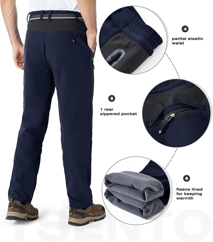 YSENTO Men's Fleece Lined Ski Snow Pants Winter Waterproof Softshell Insulated Hiking Cargo Pants