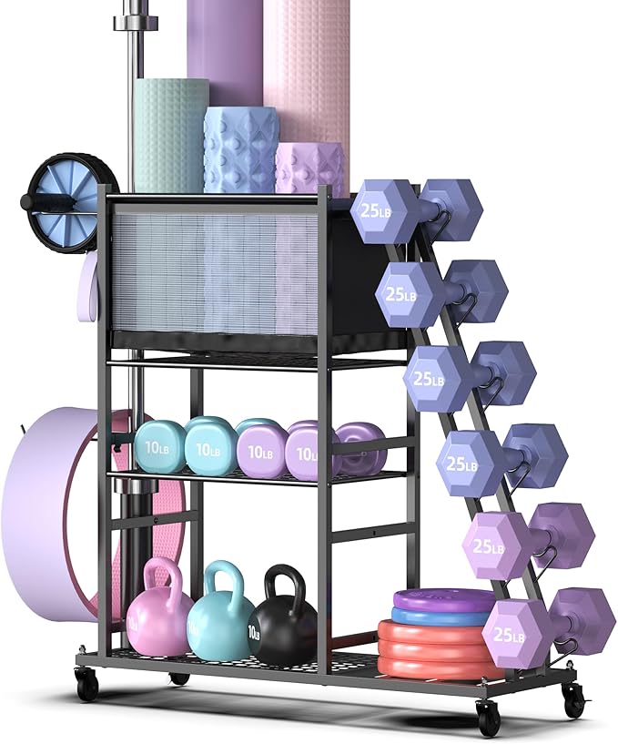Mythinglogic Dumbbell Rack for Home Gym, Weight Rack for Dumbbells, Multifunctional Yoga Mat Holder for Barbell plates and Kettlebells, Home Gym Storage Rack with Casters