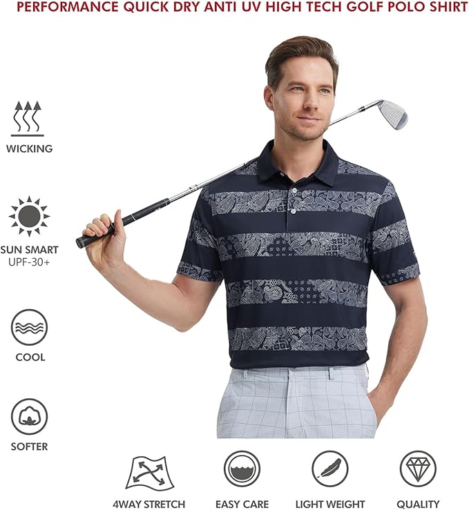 Men's Striped Short Sleeve Golf Polo - Moisture Wicking Dry Fit