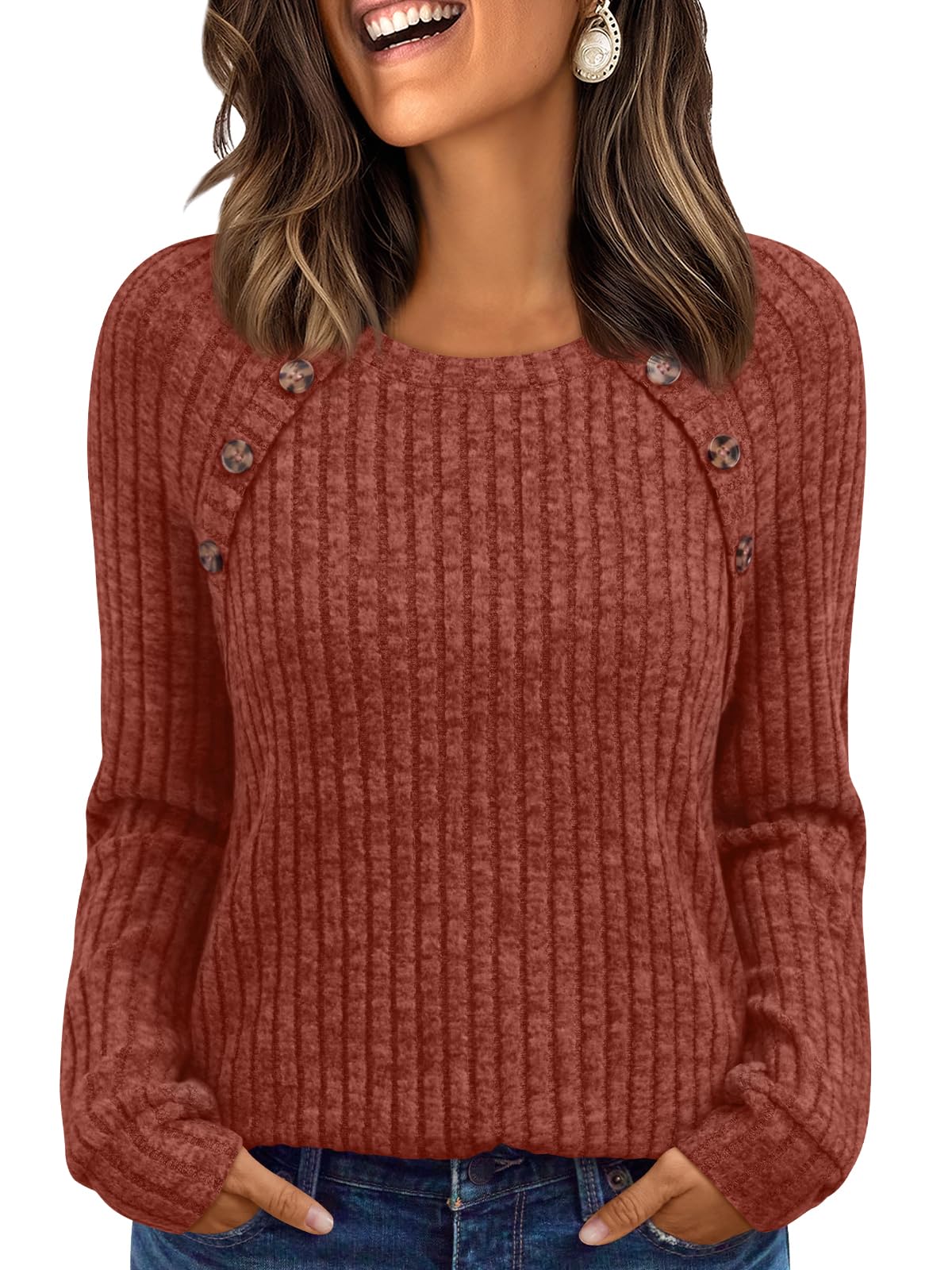 Women's Long Sleeve Tops - Fall Lightweight Sweaters with Shoulder Buttons