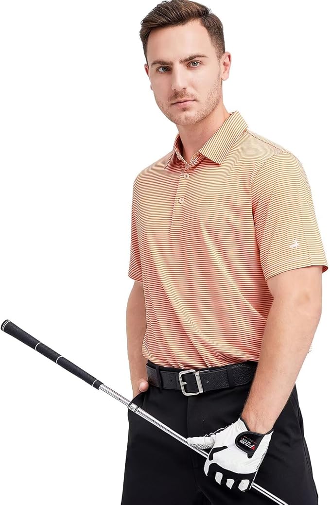 Mens Striped Performance Golf Polo Shirt - Moisture Wicking Dry Fit