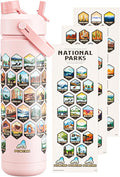 26 oz National Parks Water Bottle with Waterproof Stickers: 2-in-1 Straw Spout Lid, Keep Cold 24H, Leakproof, Car CupHolder Friendly, Insulated Stainless Steel Cup for Travel, Sports, School (Pink)