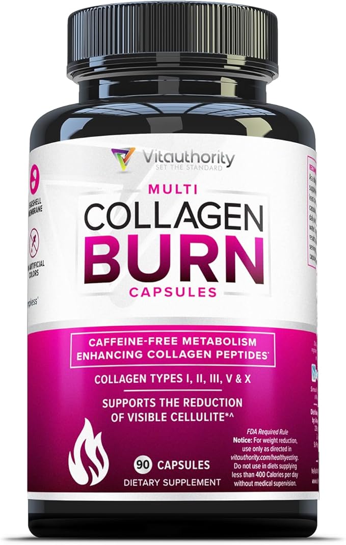 Multi Collagen Burn: Multi-Type Hydrolyzed Protein Peptides with Hyaluronic Acid, Vitamin C, SOD B Dimpless, Types I, II, III, V and X, Caffeine-Free (Unflavored Capsules)