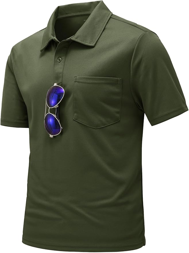 Men's short sleeve quick dry polo shirt with chest pocket and 2-button placket in a classic athletic style.