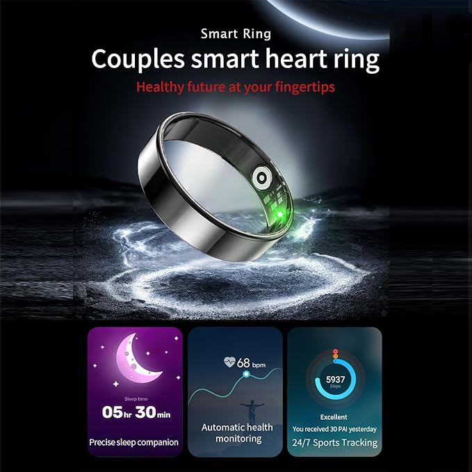 Fitness Tracker, Smart Ring for Women Men, Sleep Tracker Ring with 24/7 Heart Rate Monitor, Fitness Ring with Activity Tracker, Step Counter, Calorie Pedometer, No APP Fee, iOS Android (Black, 7)
