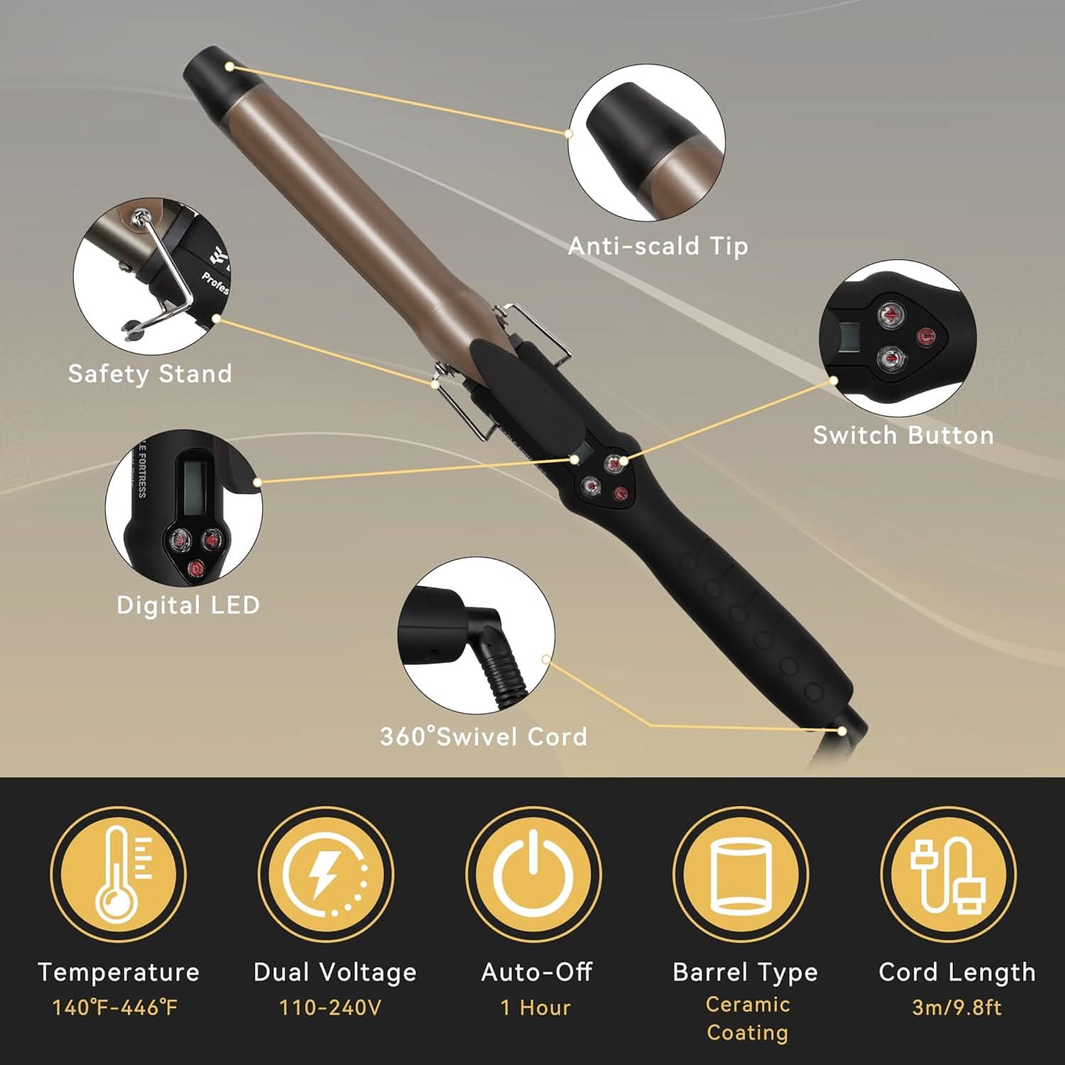1" Ceramic Curling Wand - Professional Hair Styling Tool Black