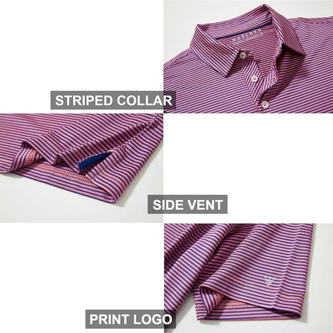 Men's Striped Performance Golf Polo Shirt Moisture Wicking Dry Fit