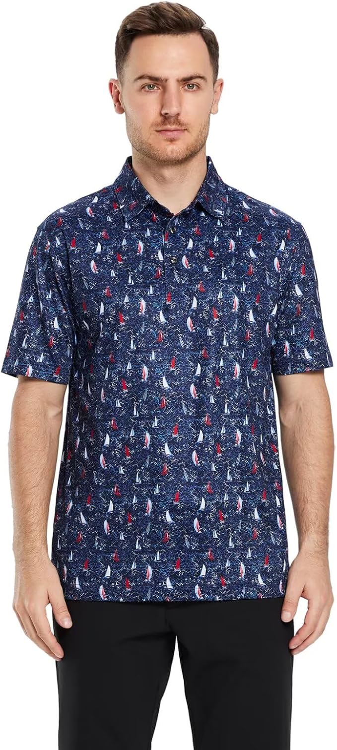 Men's Performance Polo Shirt Short Sleeve Sailboat Print Golf Top