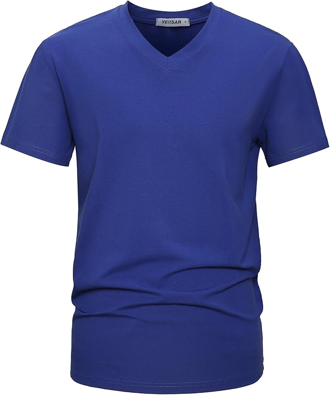 A man wearing a premium fitted modern V-neck t-shirt in a neutral color, showcasing the form-fitting cut.