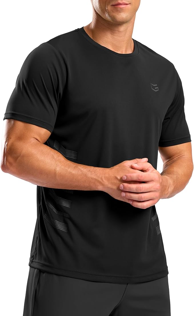 Model wearing a lightweight, moisture-wicking athletic gym t-shirt in a comfortable, performance-focused fit.