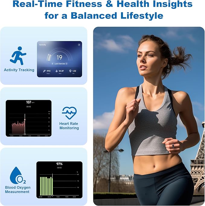 Smart Ring for Women Men - Titanium Health Fitness Tracker Ring with Heart Rate, Step Counting, Calories, Sleep & Stress Monitor for iPhone and Android, No Subscription Fee (Black, 7)
