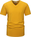 A man wearing a premium fitted modern V-neck t-shirt in a neutral color, showcasing the form-fitting cut.