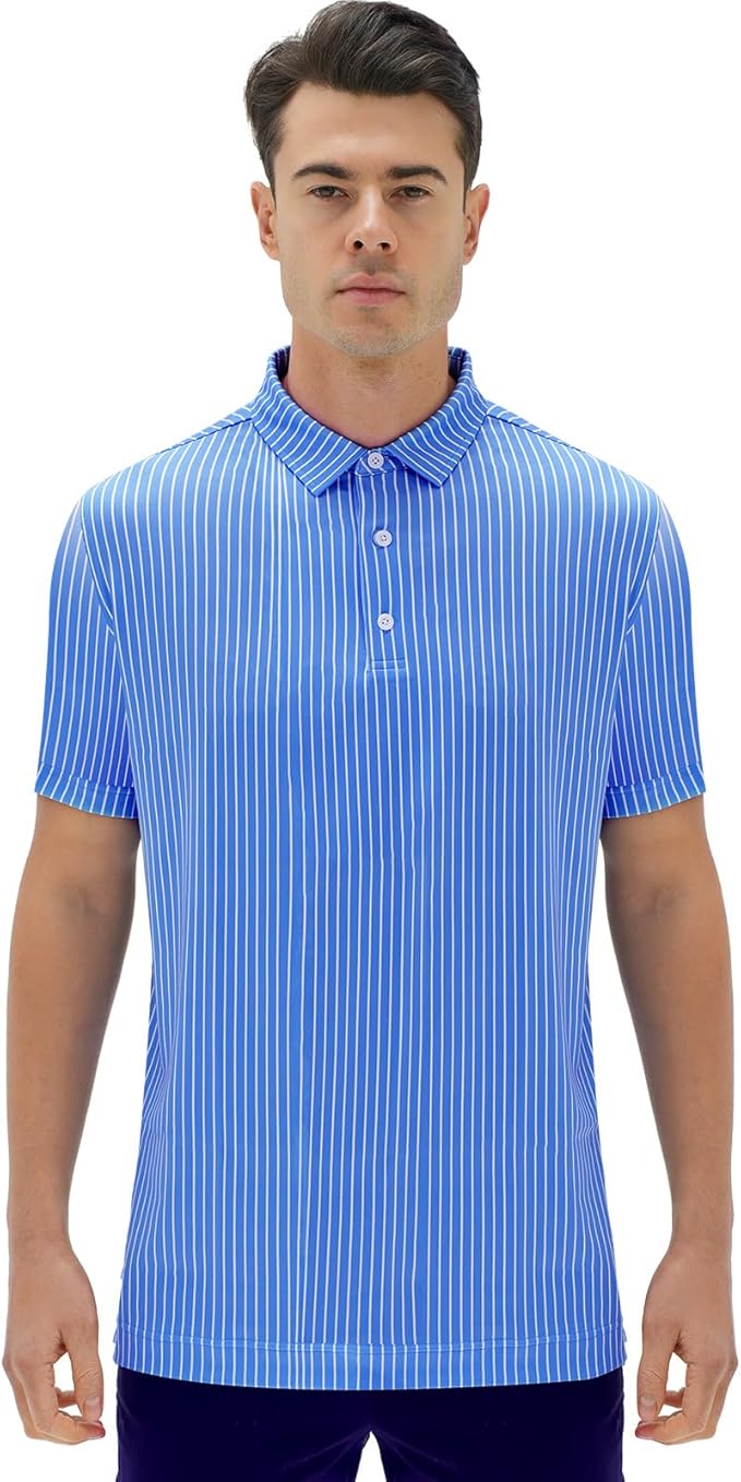 Men's Striped Dry-Fit Performance Golf Polo Shirt - Blue