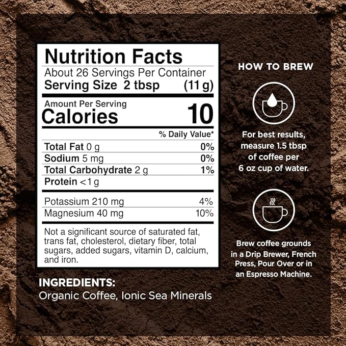 VitaCup Mineral Coffee with Trace Minerals, Hydrate, Replenish & Restore w/All Natural Sea Minerals, Electrolytes, Organic Coffee, Single Origin, Medium Dark Roast, Ground Coffee 10oz
