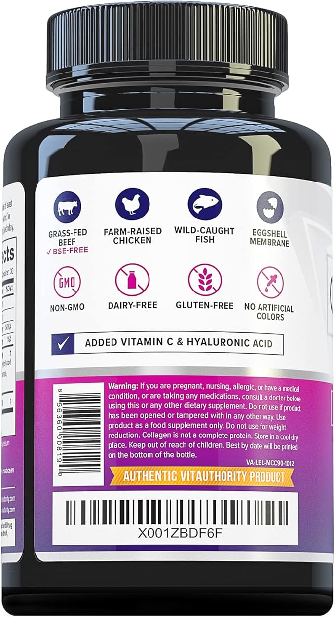 Multi Collagen Peptides Capsules for Women - Hydrolyzed Collagen for Women Pills with Types I II III V & X Plus Vitamin C & Hyaluronic Acid for Beautiful Hair Skin and Nails - 30 Servings