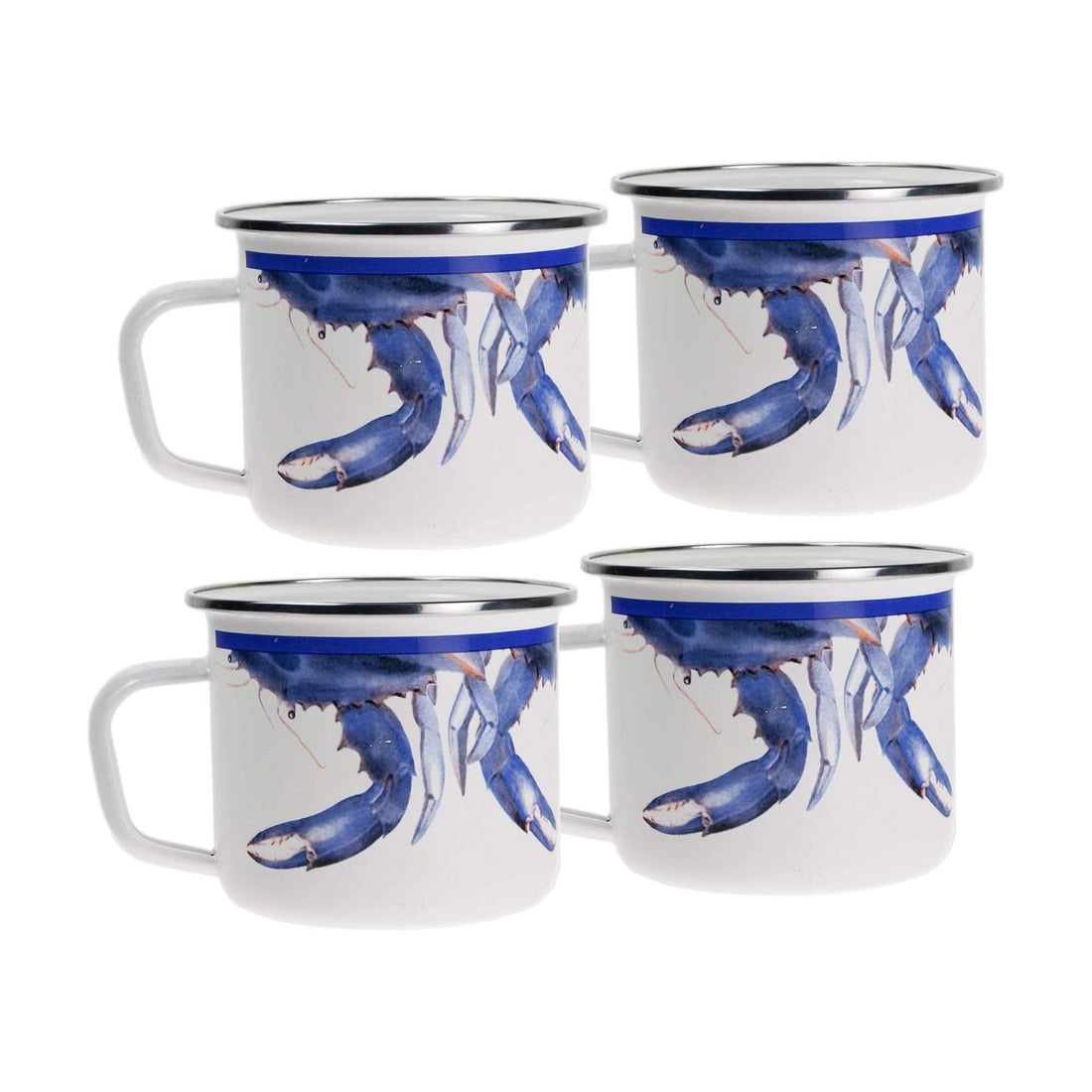 Set of four 24 oz Golden Rabbit enamelware grande mugs with stainless steel rims.