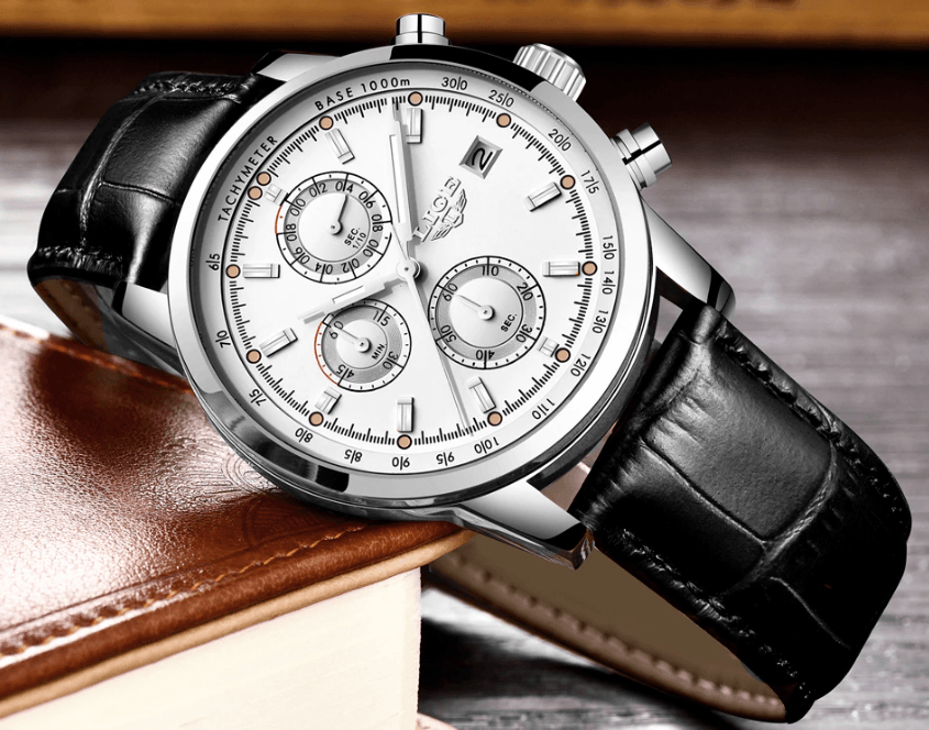 Waterproof Men's Quartz Watch with Chronometers and Brown Strap