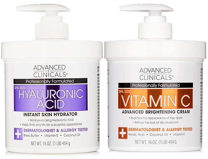 Advanced Clinicals Hyaluronic Acid Moisturzier + Brightening Vitamin C Cream 2pc Skincare Set For Women & Men | Face Moisturizer & Body Cream Helps Improve Look Of Crepey Skin & Uneven Skin Tone, 2pc