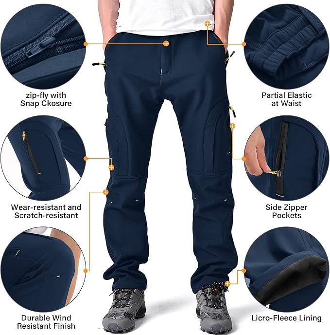 Toomett Men's hiking Snow Pants Skiing Winter Insulated Fleece lined Outdoor Water Repellent camping,walking,fishing