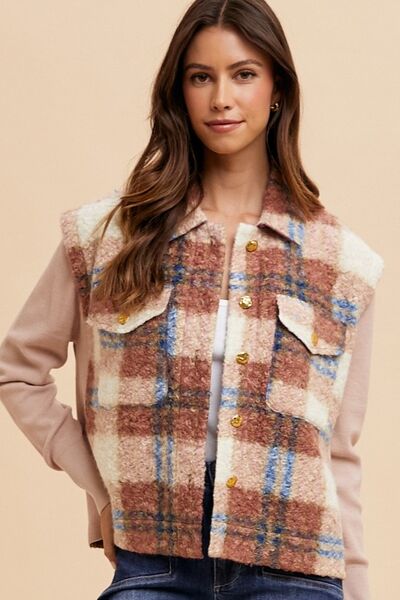Girls Brown Faux Fur Plaid Button-Up Jacket Soft Winter Coat