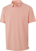 Close-up of a men's moisture-wicking golf polo with pinstripe pattern and contrasting collar piping