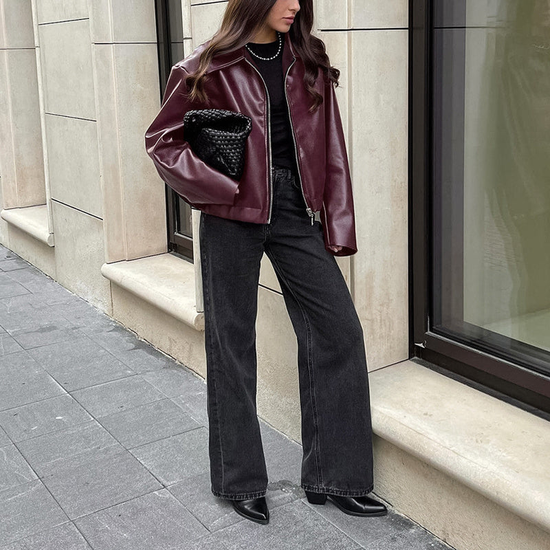 Vintage Style Women's Solid Color Faux Leather Jacket