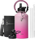 Half Gallon Water Bottle,64oz Insulated Water Bottle Stainless Steel Vacuum,Cold for 48 Hrs,BPA-Free & Leakproof -with Paracord Handle,Strap,Straw Spout Lids,Big Flask Jug for Gym Sports,Pink