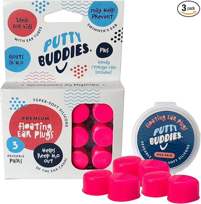 Earvolution Floating Putty Buddies Ear Plugs for Swimming - Invented by an Ear Physician - Moldable, Premium, Silicone - Floats on Water - Waterproof - Made in The USA - 3 Pack - Hot Pink