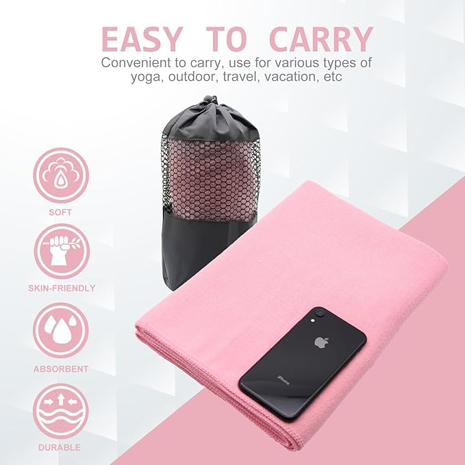 Eunzel Yoga Towel,Hot Yoga Mat Towel with Grip Dots Sweat Absorbent Non-Slip for Hot Yoga, Pilates and Workout 24" x72", Pink