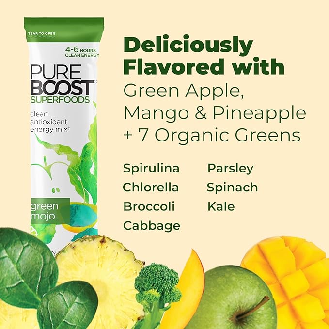 Pureboost Superfoods Clean Energy Booster, Energy Drink Mix Powder with 7 Organic Green Superfoods; Spirulina, Kale, Broccoli and Vitamins, Green Apple, Pineapple, Mango (Green Mojo, 30 Count)