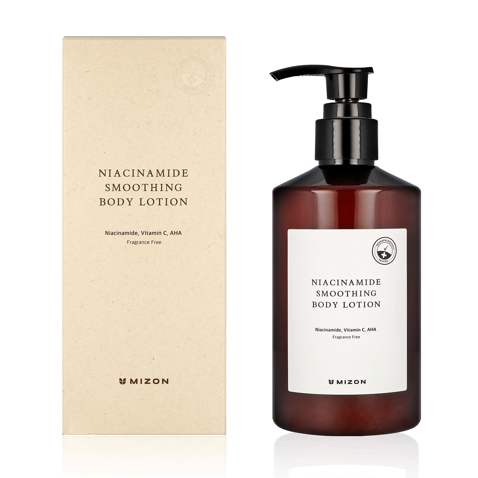 Bottle of MIZON Niacinamide AHA Smoothing Body Lotion 10.14 oz