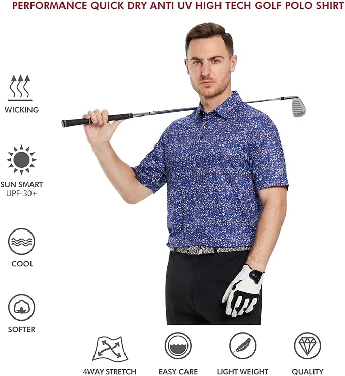 Men's Striped Performance Golf Polo Shirt Moisture Wicking Dry Fit