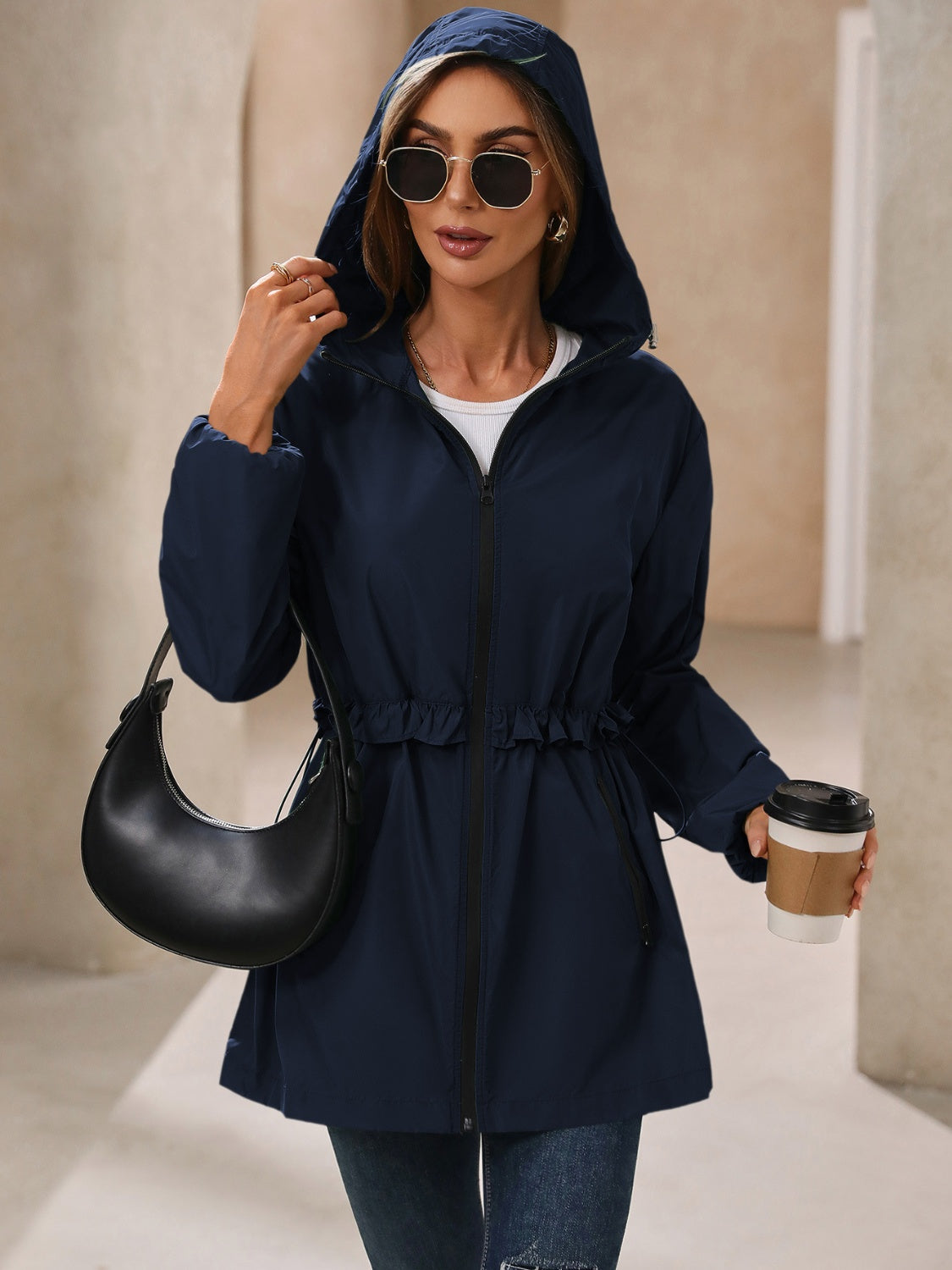 Women's Waterproof Hooded Windbreaker Jacket with Waist Detail - Image 6