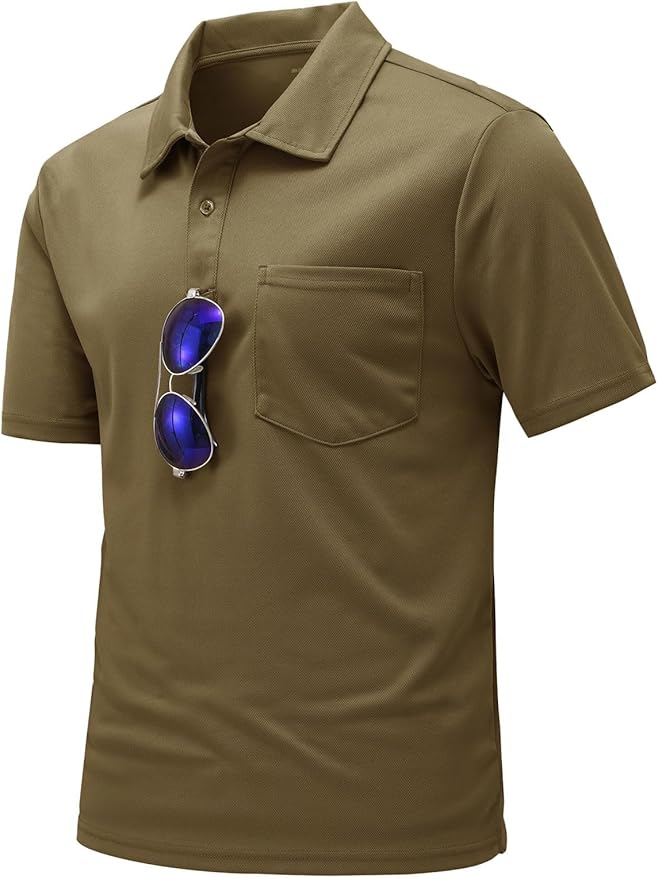 Men's short sleeve quick dry polo shirt with chest pocket and 2-button placket in a classic athletic style.