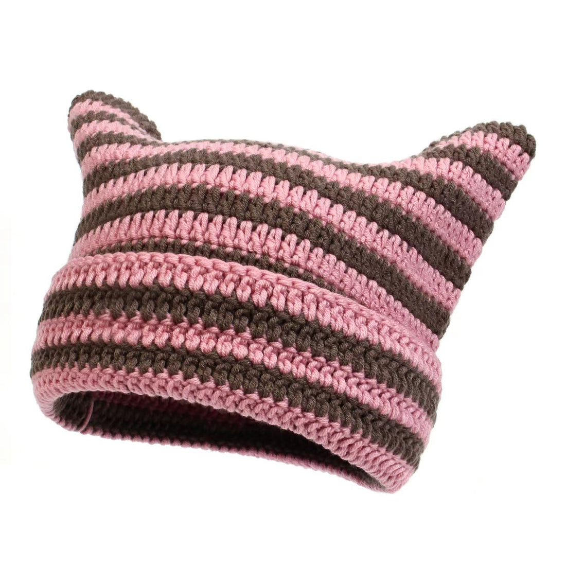 Women's Hand Knitted Striped Cat Beanie Hat