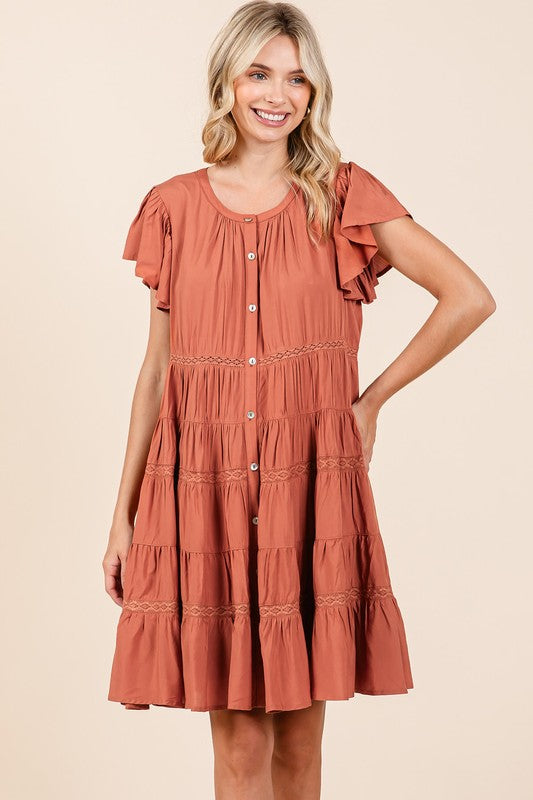 Lace Detail Ruffled Tiered Button Down Dress in Rust