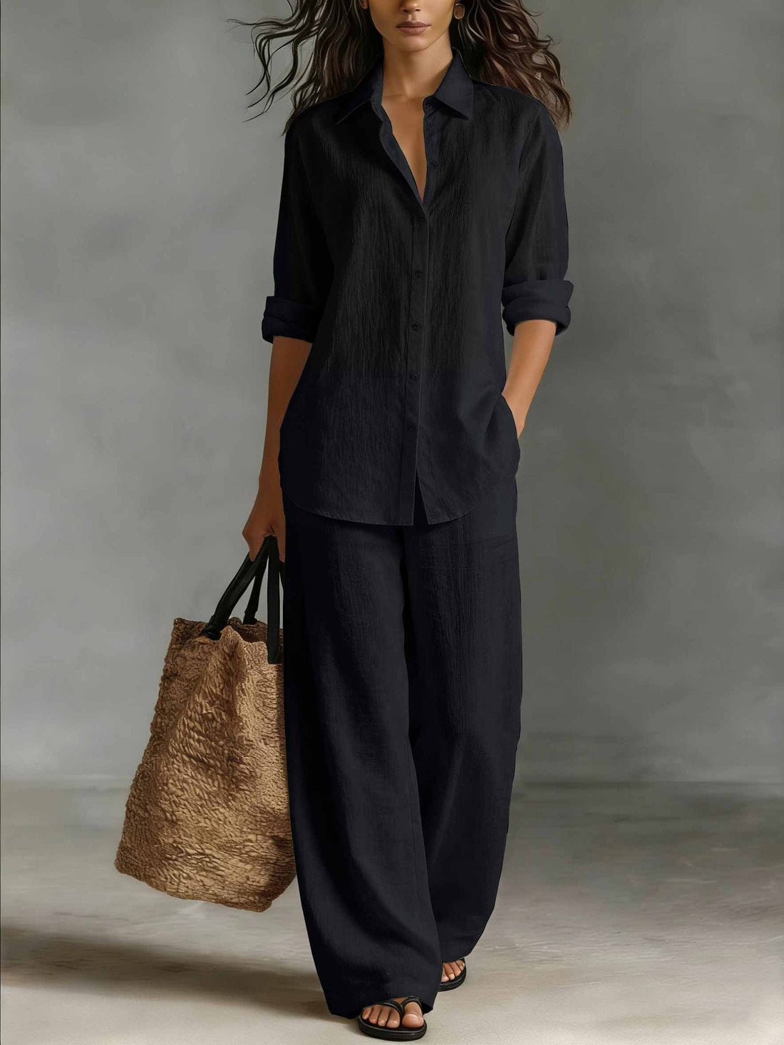 Women's Bohemian Cotton-Linen Button-Down Top and Pant Set - Image 8