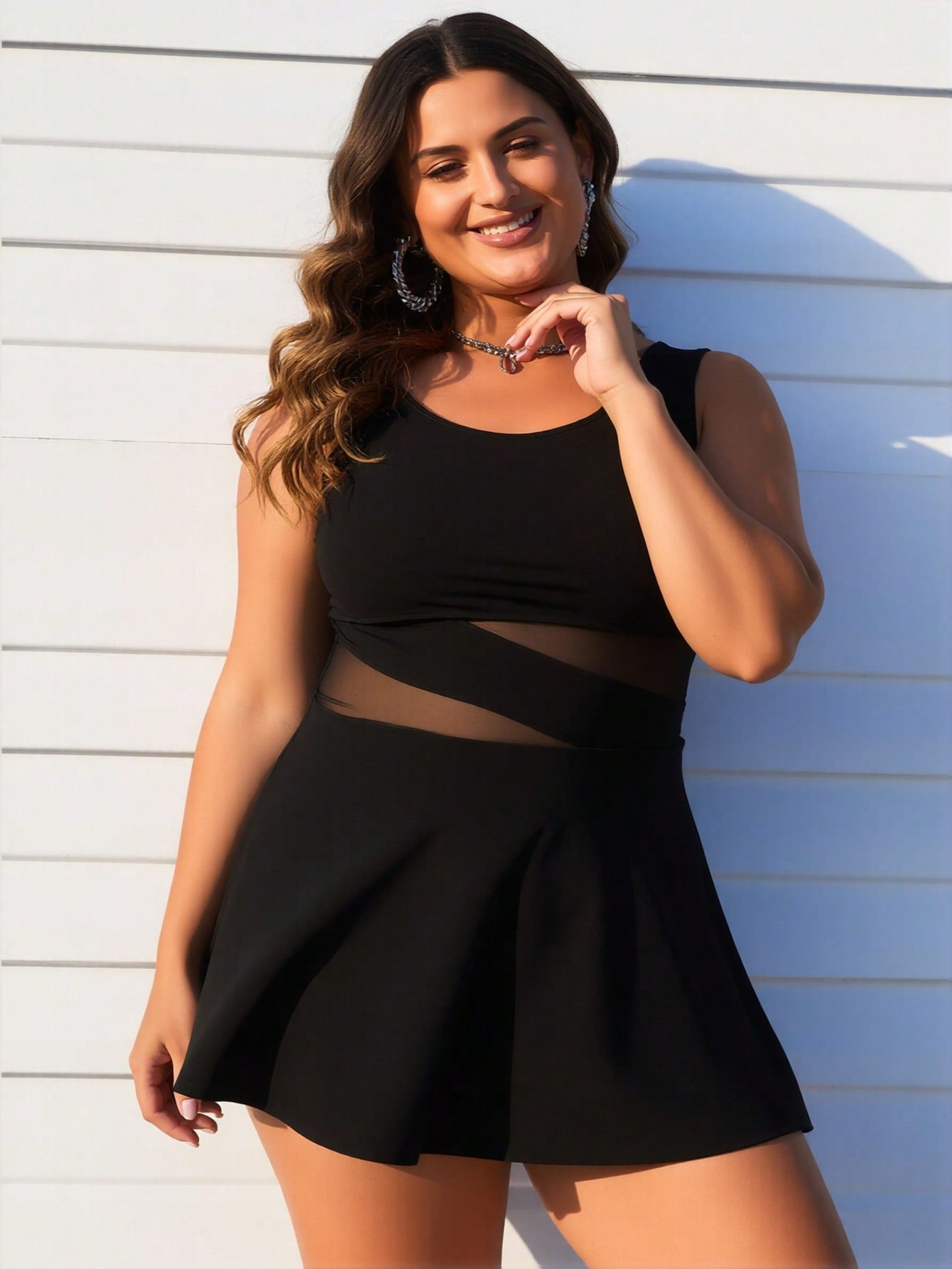 Black Swimdress with Mesh Cutout Waist and Flared Skirt