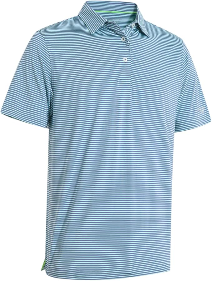 Men's short sleeve blue and white striped performance golf polo with button placket