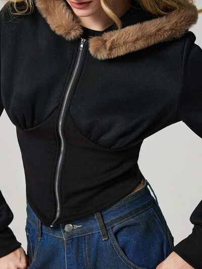 Black Fuzzy Hem Hooded Zip-Up Track Jacket with Long Sleeves