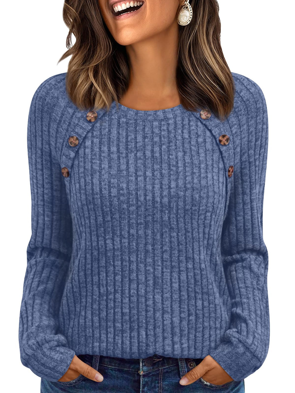 Women's Long Sleeve Tops - Fall Lightweight Sweaters with Shoulder Buttons