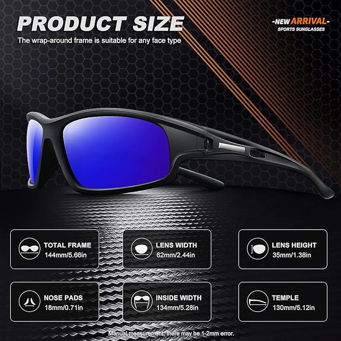 Polarized Sports Sunglasses for Men 100% UV Protection Wrap Around Unbreakable Sun Glasses for Fishing Driving