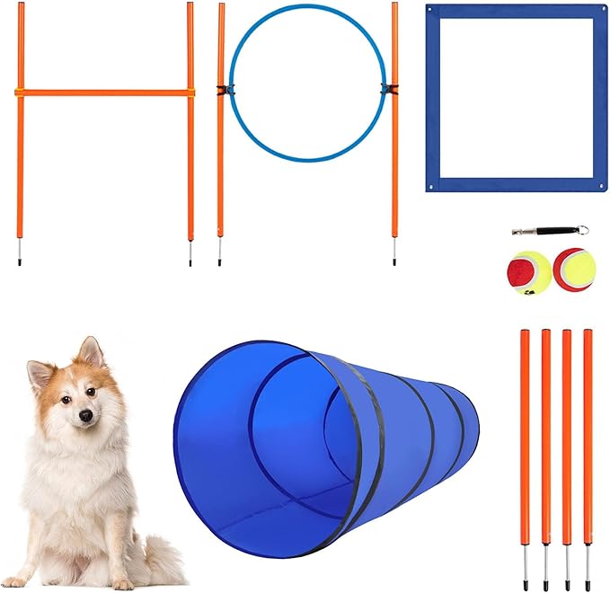 Polar Aurora Dog Agility Equipment, Dog Obstacle Courses Backyard - Pet Outdoor Games w/Adjustable High Jump, Agility Weave Poles, Tunnel, Jumping Ring, Pause Box, 2 Balls,Whistle and Carrying Bag