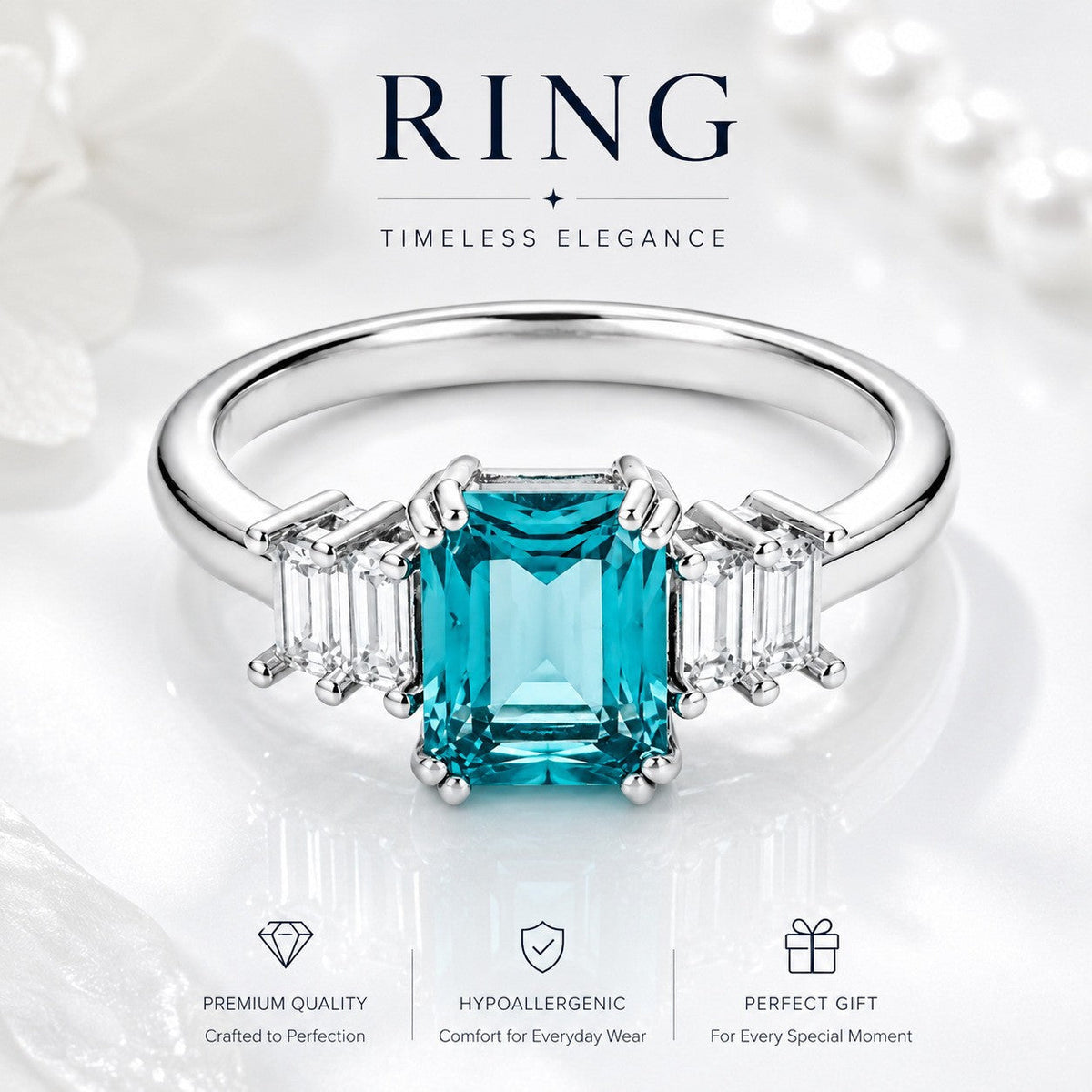 Copper Inlaid Simulated Sea Blue Zircon Ring For Women, Elegant Fashion Wedding Engagement Statement Ring