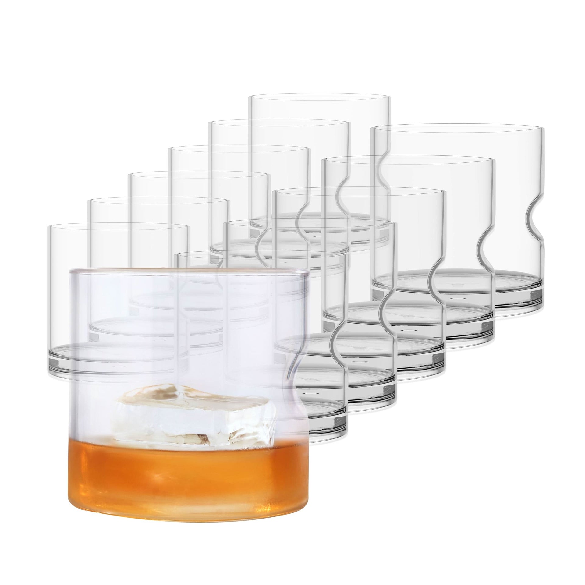 Large set of 12 clear 12.5 oz shatterproof rocks whiskey glasses arranged for home entertaining